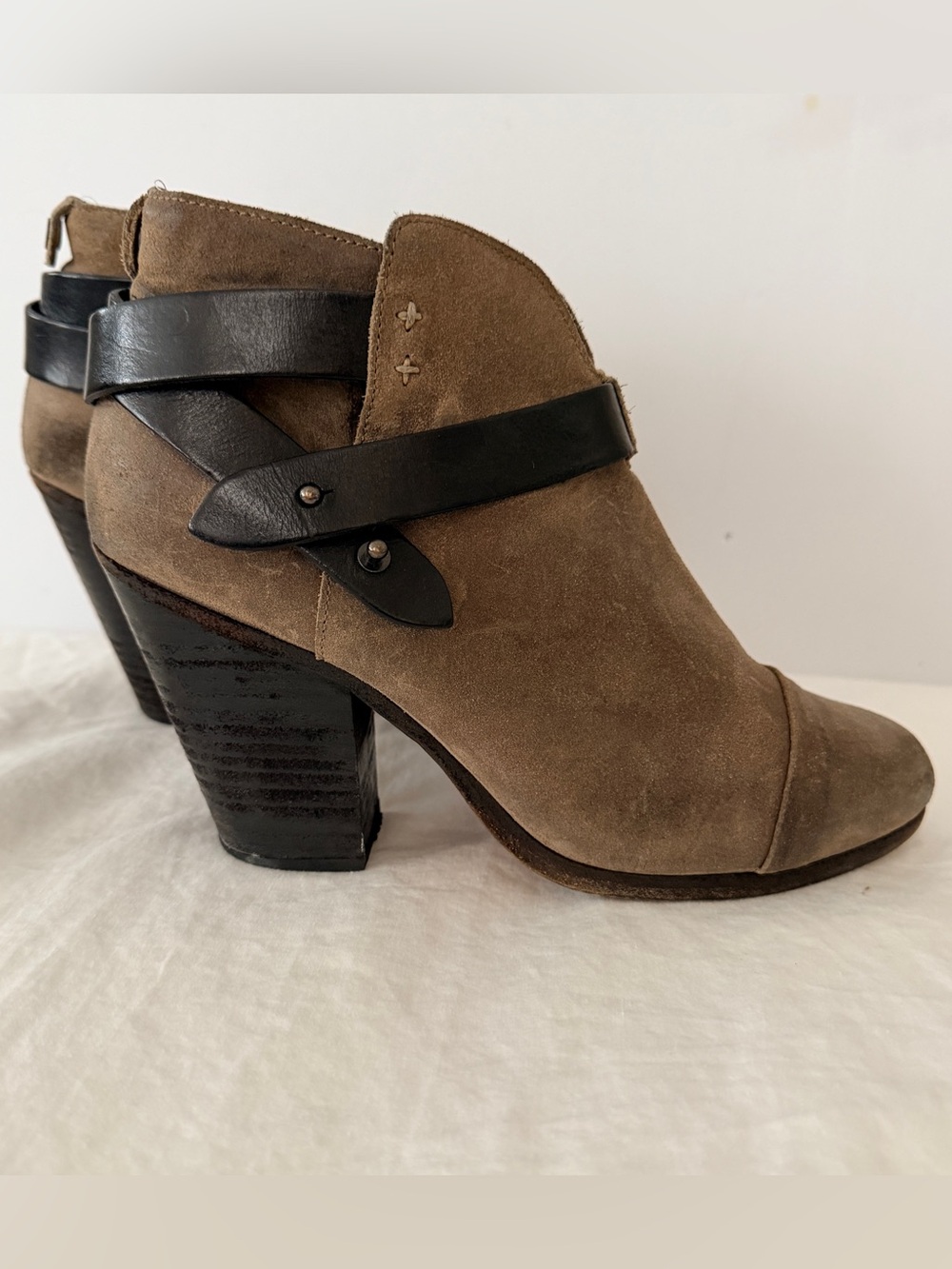 Rag & Bone Suede Harrow Leather Harness Ankle Boots Brown Black Block Heel US8.5